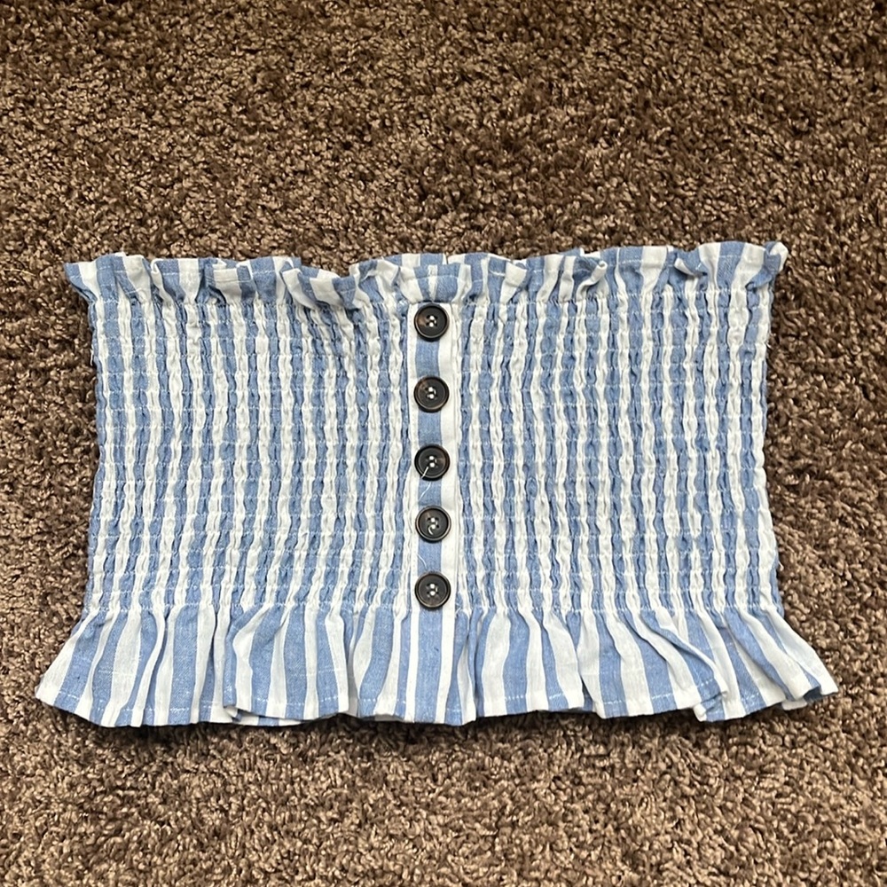Blue and white strapless top